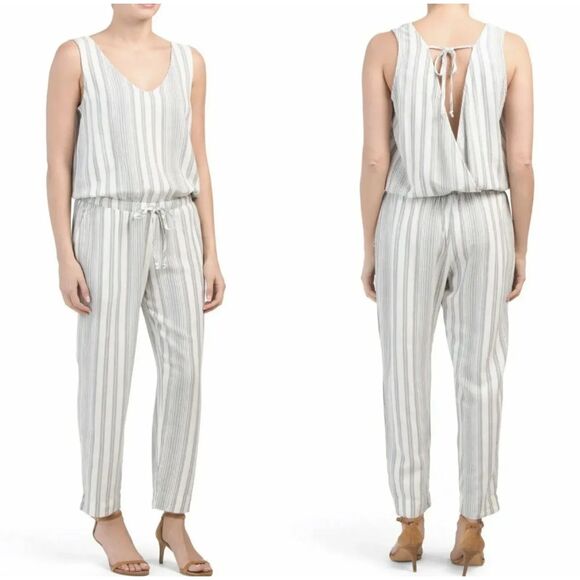 cloth & stone Pants - CLOTH & STONE White Gray Striped Sleeveless Tie Waist Jumpsuit Romper Size XS